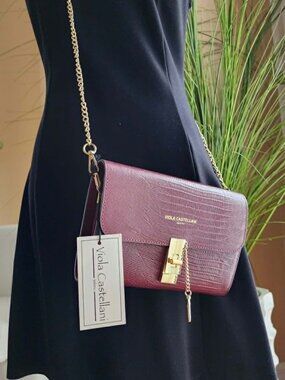 NWT Viola Castellani Milano Red Leather Chain Clutch Crossbody Made in Italy